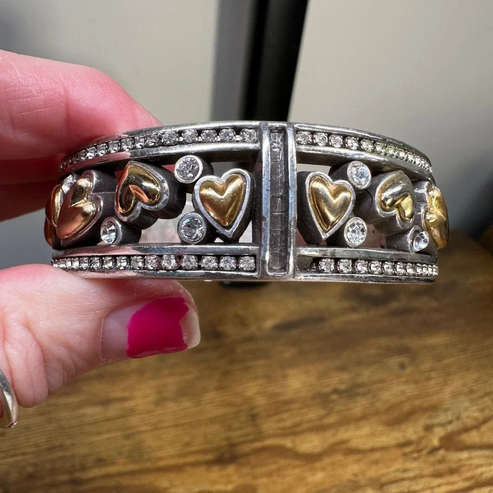 Brighton Two Tone Heart‎ Bangle Bracelet Silver Gold Crystal Accents Filigree